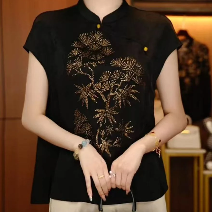 22221夏季国风百搭气质印花遮肉显瘦短袖