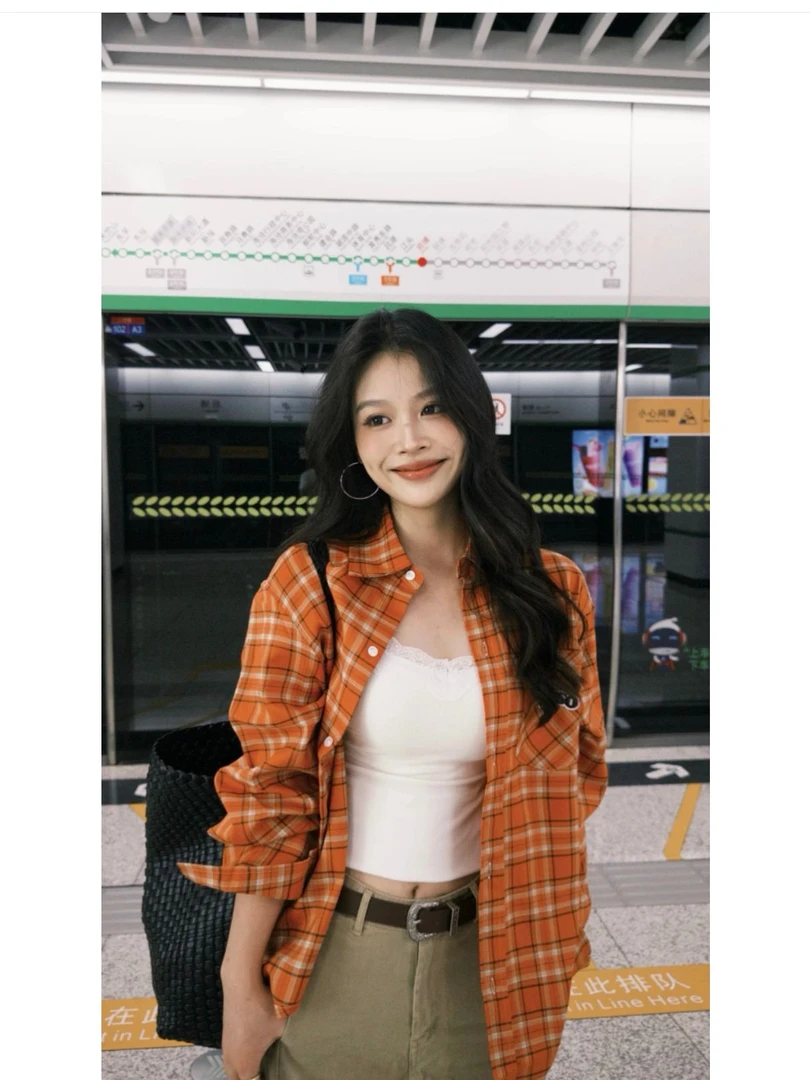 美式复古橙色衬衫外套女秋季穿搭翻领格子衬衣宽松休闲多巴胺上衣