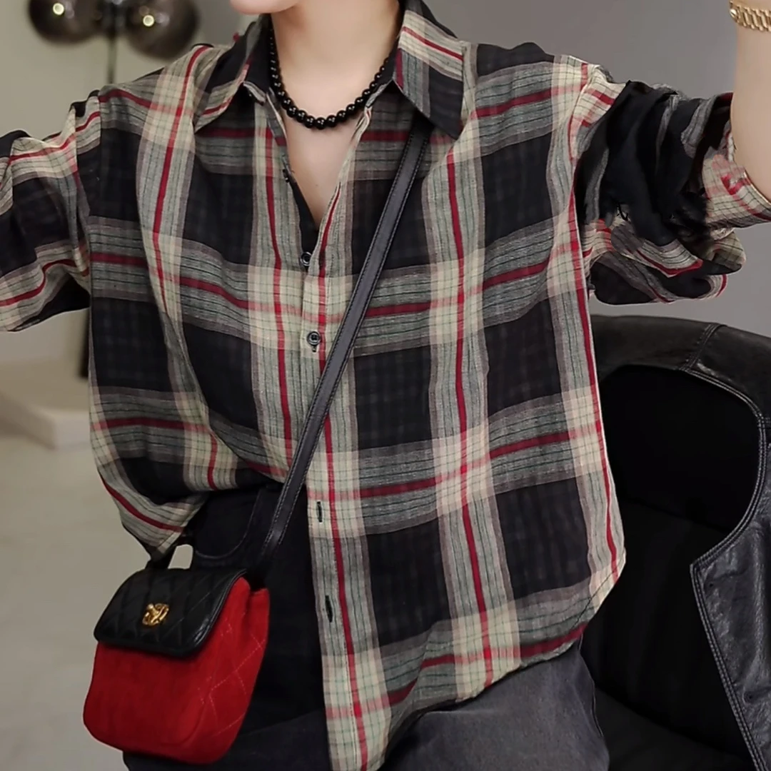 早秋休闲撞色条纹格子翻领不规则下摆宽松衬衫2025新款长袖上衣