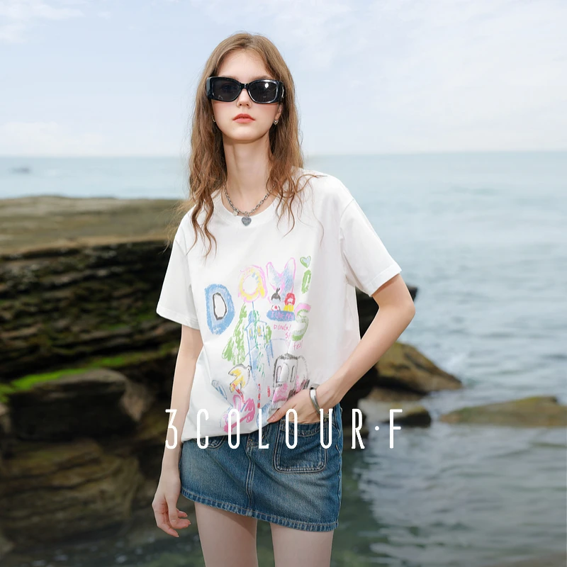 【莫代尔】三彩独醒2025夏季新款涂鸦印花T恤宽松短袖圆领上衣女F