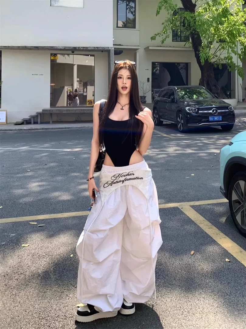 美式辣妹设计感低腰叠穿阔腿裤女夏季薄款速干运动宽松街舞伞兵裤