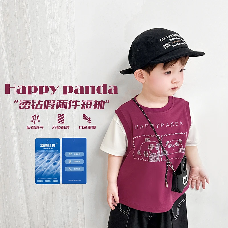 阿小轩【熊猫钻钻】童装2025夏季新品男童假两件T恤儿童清凉半袖