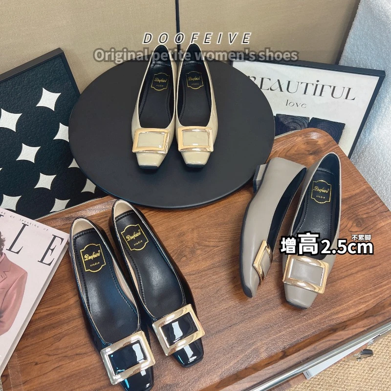 朵菲雯DOOFEIVE~法式金属扣矮跟浅口气质方头显瘦百搭方扣单鞋女