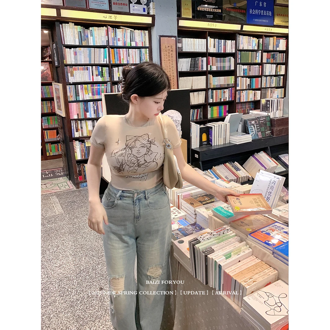 周白子 韩漫少女微胖大码修身显瘦针织设计感短袖T恤上衣女ZQ576