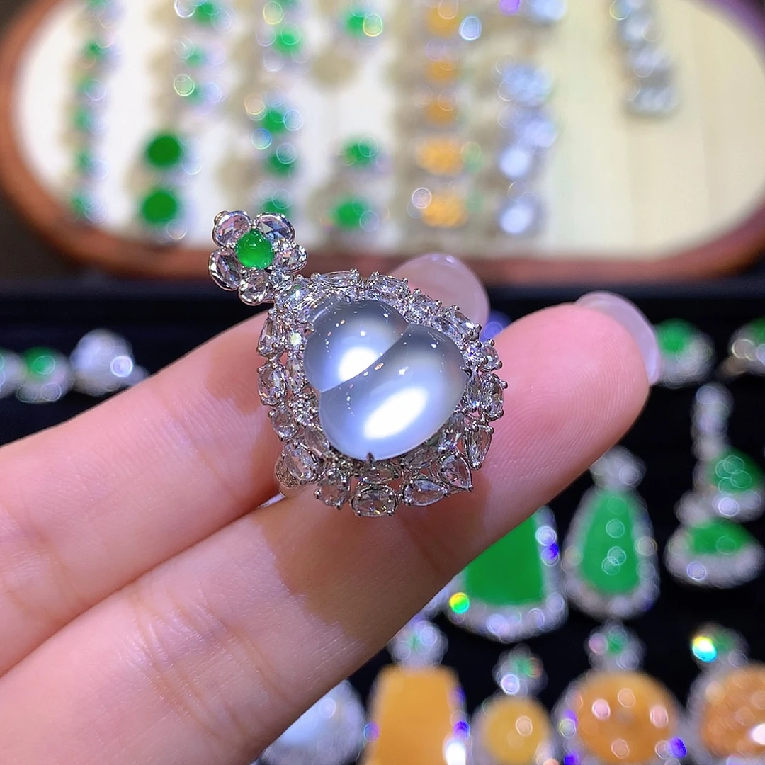 翡翠18K金镶嵌戒指玻璃种炸光葫芦吊坠戒指