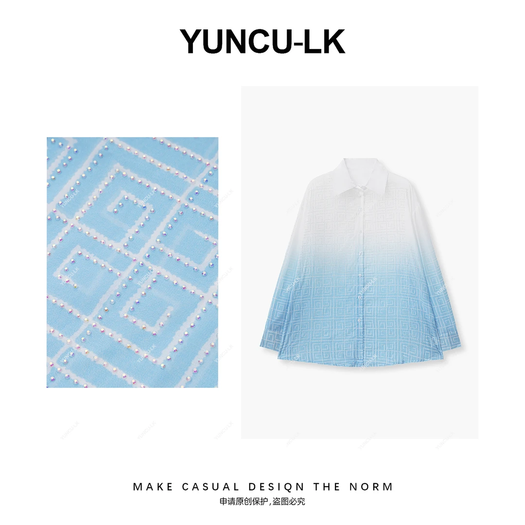 【允初清双拼色渐变元素烫钻宽松防晒衬衫YCXB-52904】