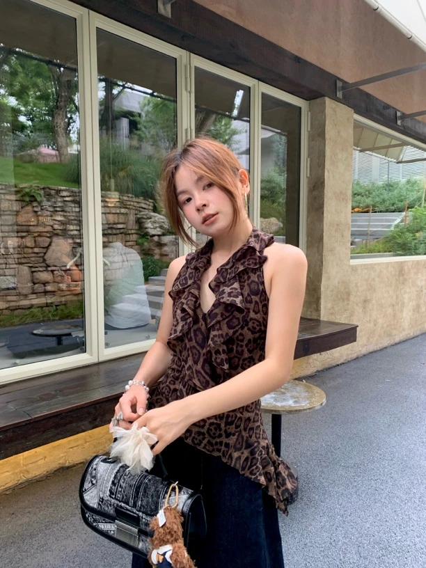 DAMEI大美 豹纹荷叶边挂脖背心 时髦v领露肩露背打揽无袖上衣女夏