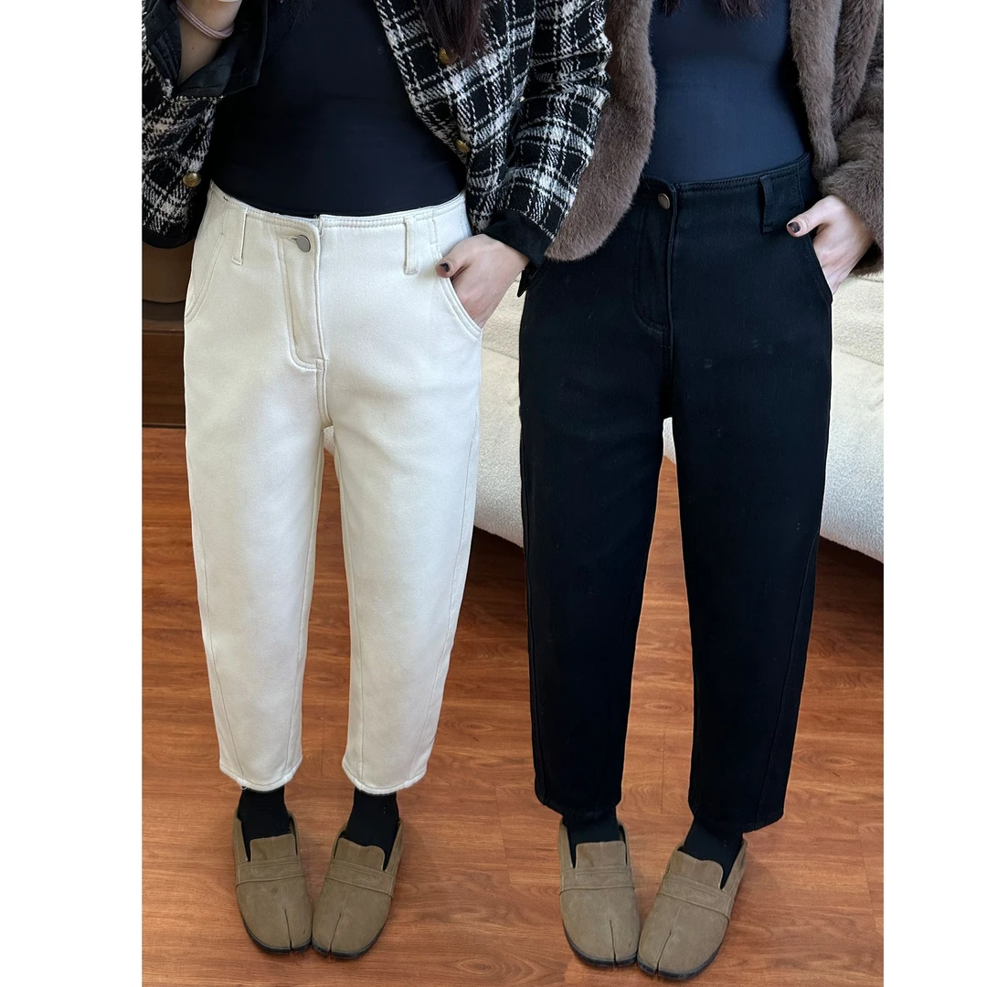 冬季加绒加厚哈伦裤微胖女孩大码梨型身材高腰弹力遮胯显瘦牛仔裤