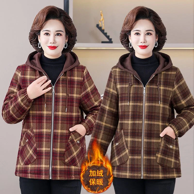 中老年妈妈冬季加绒加厚格子连帽减龄时尚百搭棉服外套