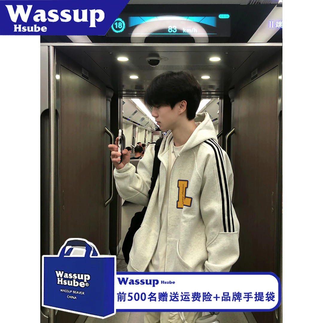 WASSUP HSUBE宽松潮流印花字母拉链三条杠数字长袖秋冬情侣上衣