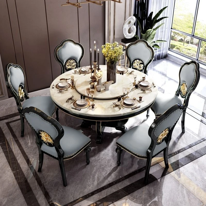 新款美式轻奢实木餐桌椅组合圆形大理石转盘饭桌现代欧式餐台家用