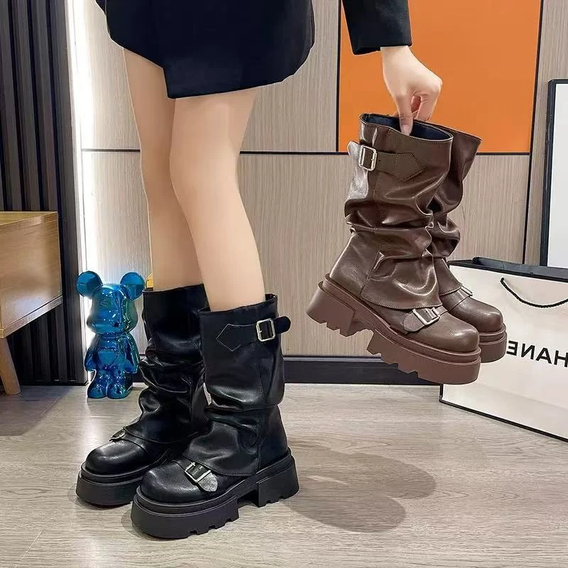 棕色百搭厚底增高马丁靴女2025年新款春秋冬季复古美拉德中筒靴子