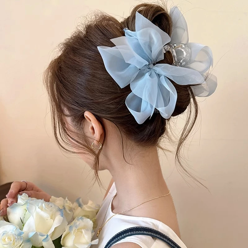 韩系温柔网纱蝴蝶结抓夹女2025新款甜美发夹后脑勺鲨鱼夹子头饰品