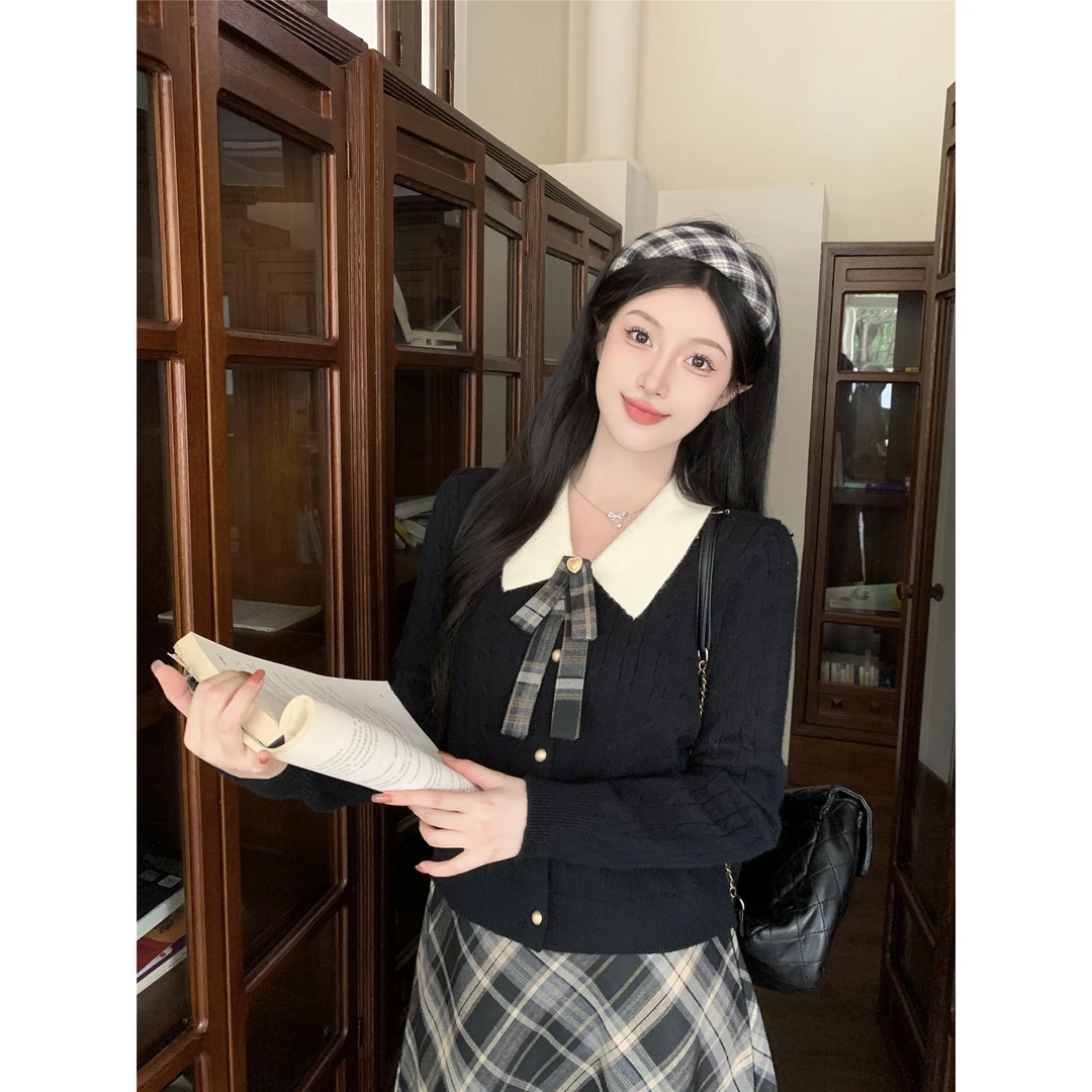 大码胖mm秋冬高级感撞色蝴蝶结开衫毛衣A字高腰格纹半身裙套装