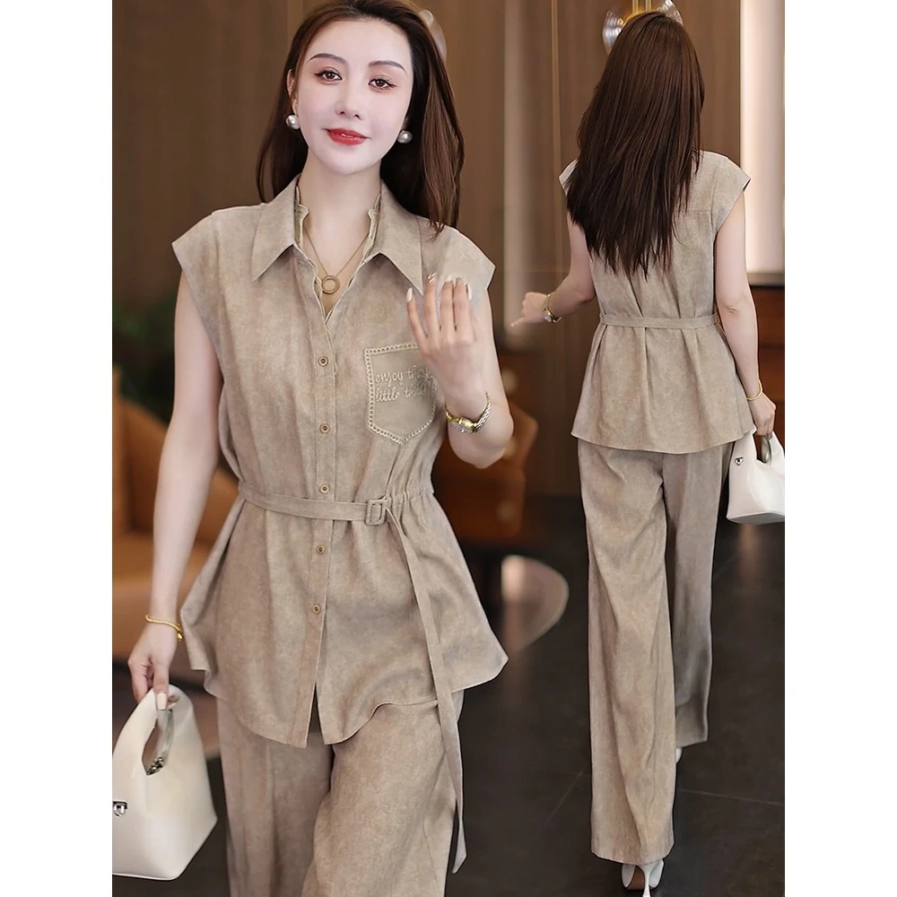 高级感气质衬衣套装女夏2025夏季新款无袖中长款衬衣阔腿裤两件套