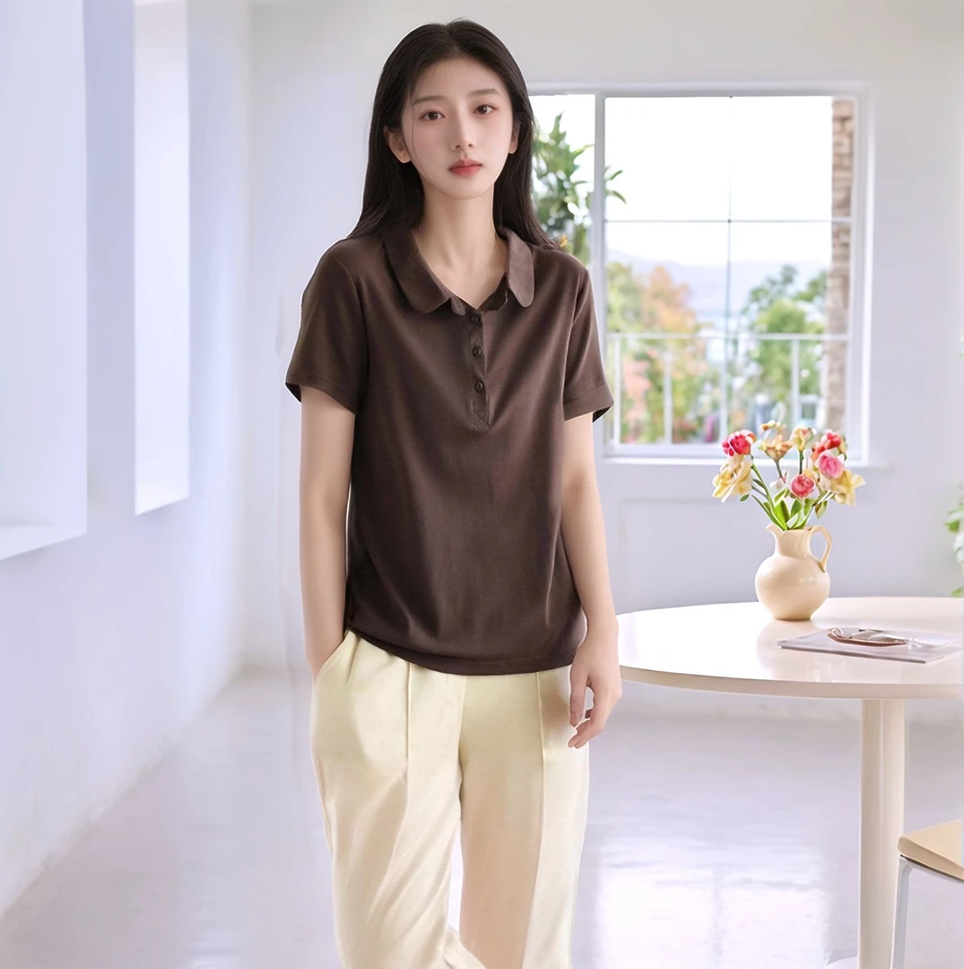 全棉复古显瘦上衣女纯棉百搭大码新款POLO翻领短袖设计t恤女夏季