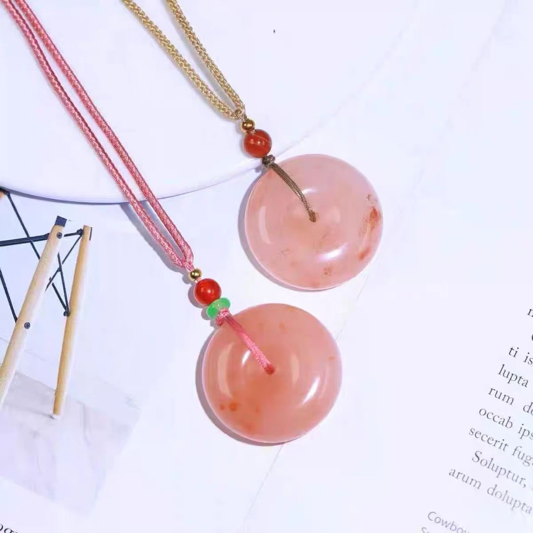 爆款纯天然新疆金丝玉桃花酿粉色平安扣色泽纯正男女古风吊坠颈饰