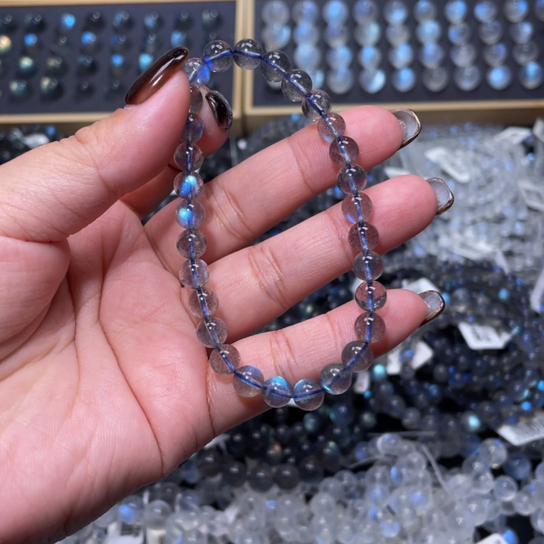 拉长石手链未镶嵌浮**夜冰透体纯蓝光灰月光手链6mm+
