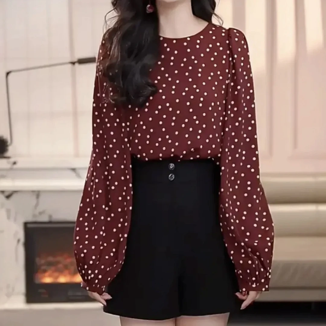 阿玛施AMASS时尚新款减龄百搭圆领泡泡袖长袖休闲通勤衬衫5301128