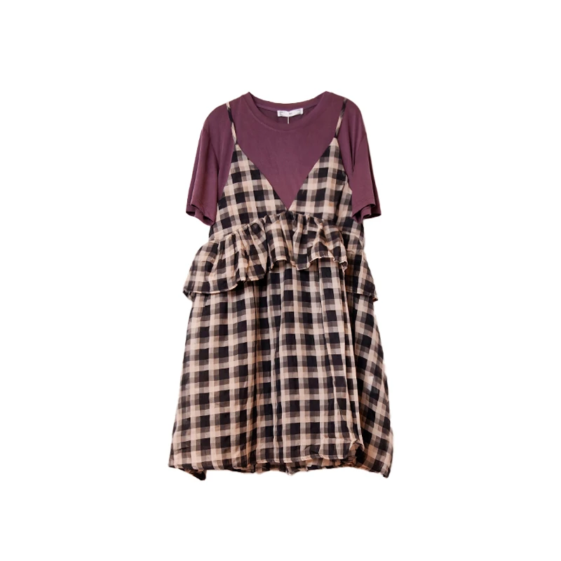 3007#夏季新款奶甜仙女公主森系茶歇法式假两件格子连衣裙