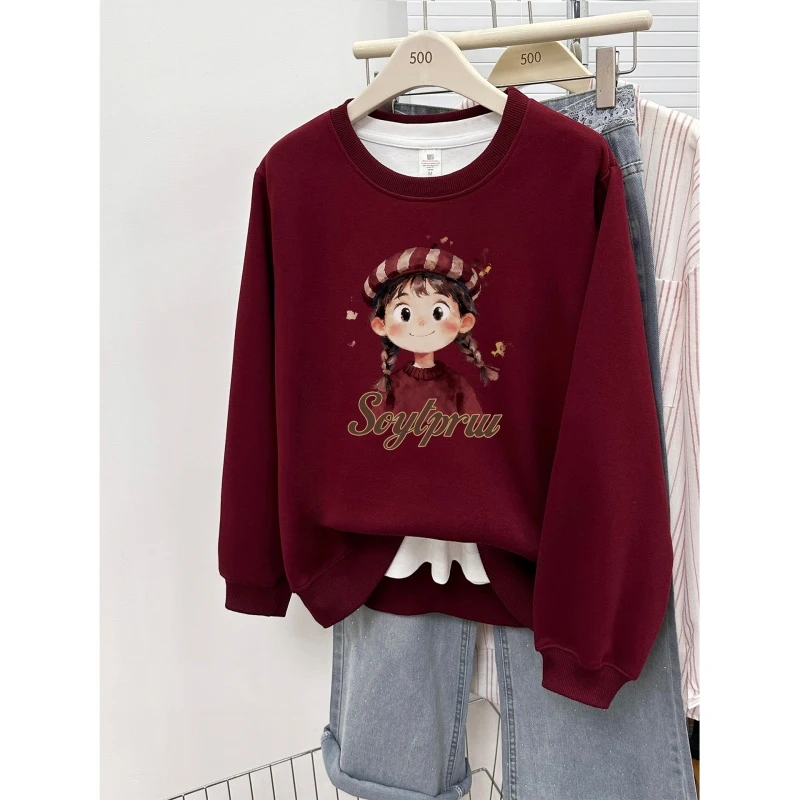 正肩酒红色圆领卫衣女冬季加绒加厚韩版宽松大码慵懒风套头上衣潮