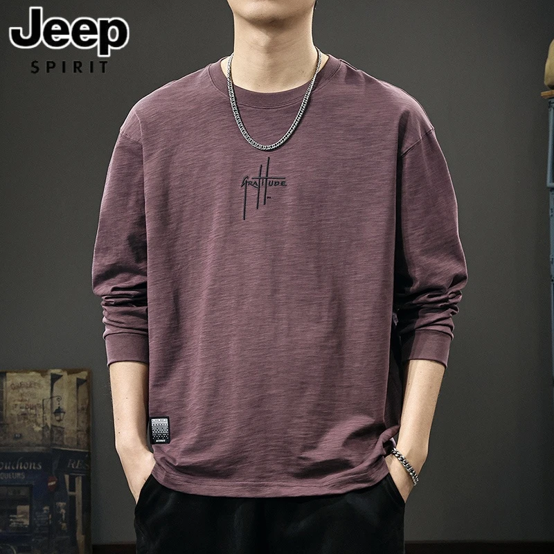 JEEP吉普男士长袖秋季新款复古长袖T恤圆领宽松秋季休闲百搭上衣