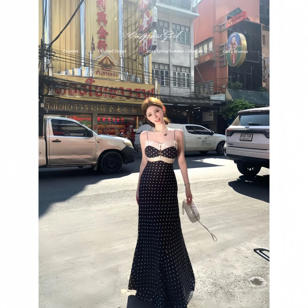 GirlsAt18 【丽恩下午茶】纯欲蕾丝拼接波点连衣裙气质修身收腰长裙