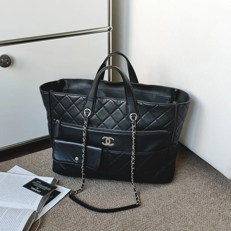 95新 Chanel/香奈儿 Azul-黑银牛皮多口袋2ways机场托特包/54357