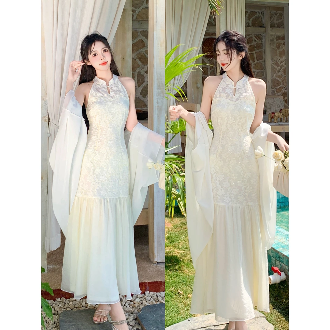 大码清冷气质雪纺开衫仙气温柔气质白月光旗袍连衣裙女显瘦鱼尾摆