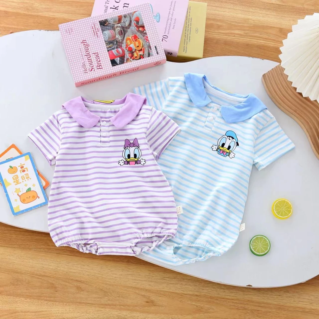 婴幼儿夏季连体衣薄款短袖卡通唐老鸭黛丝哈衣服宝宝条纹超萌爬服