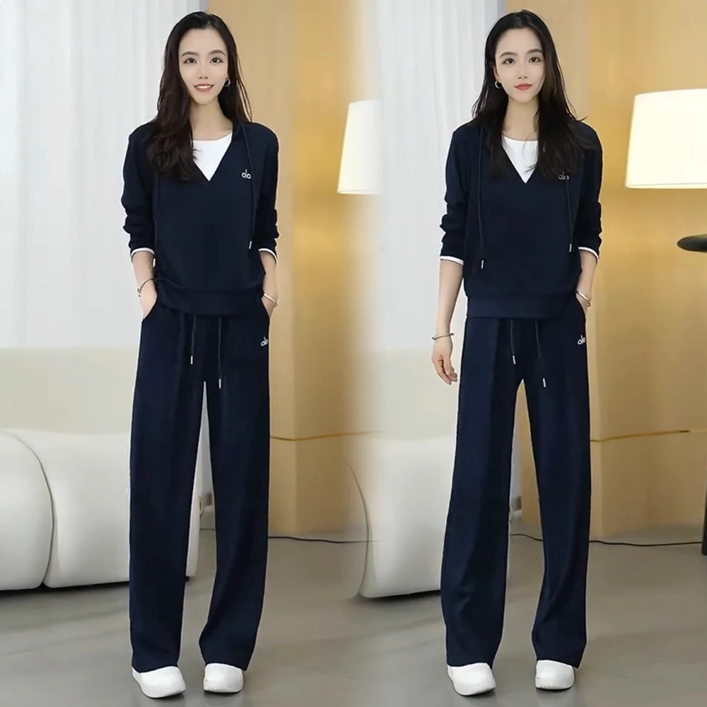 时尚休闲套装女2025秋季新款洋气显瘦假两件连帽卫衣阔腿裤两件套