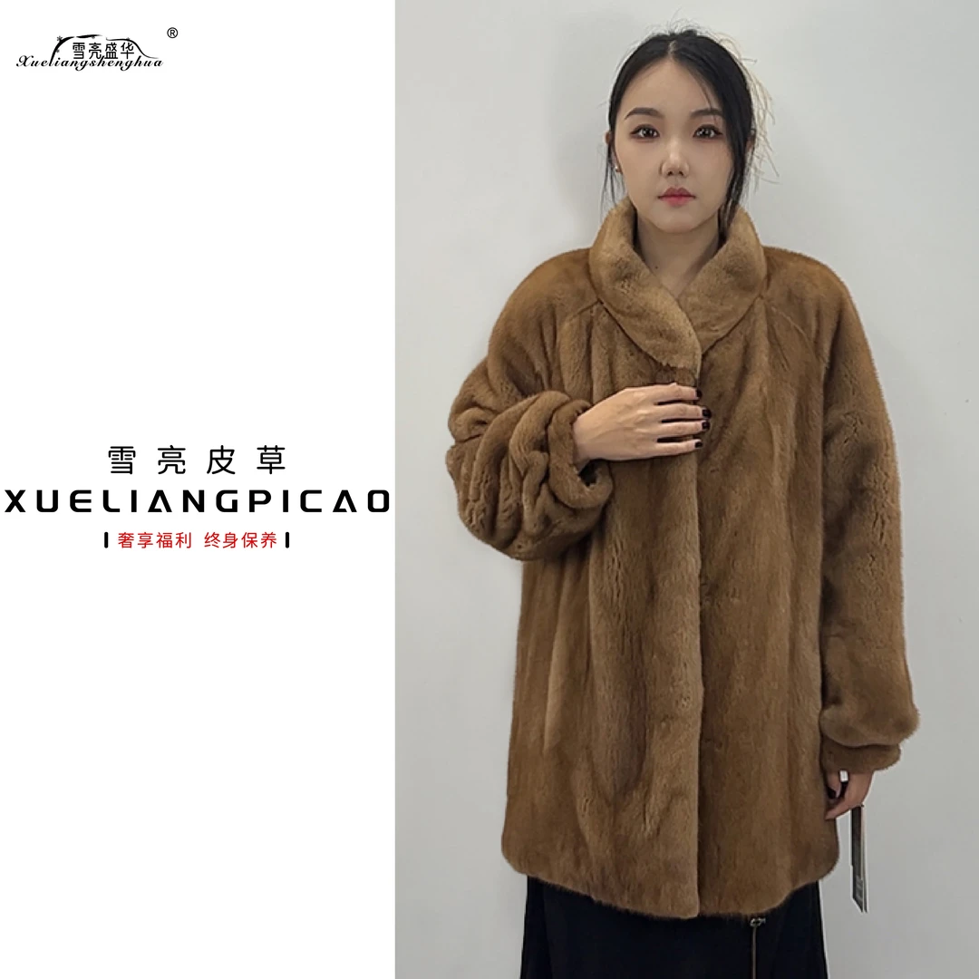 女款立领艳红啡本色皮草女甜美风裘皮貂皮大衣(80/120)-YYD-23453