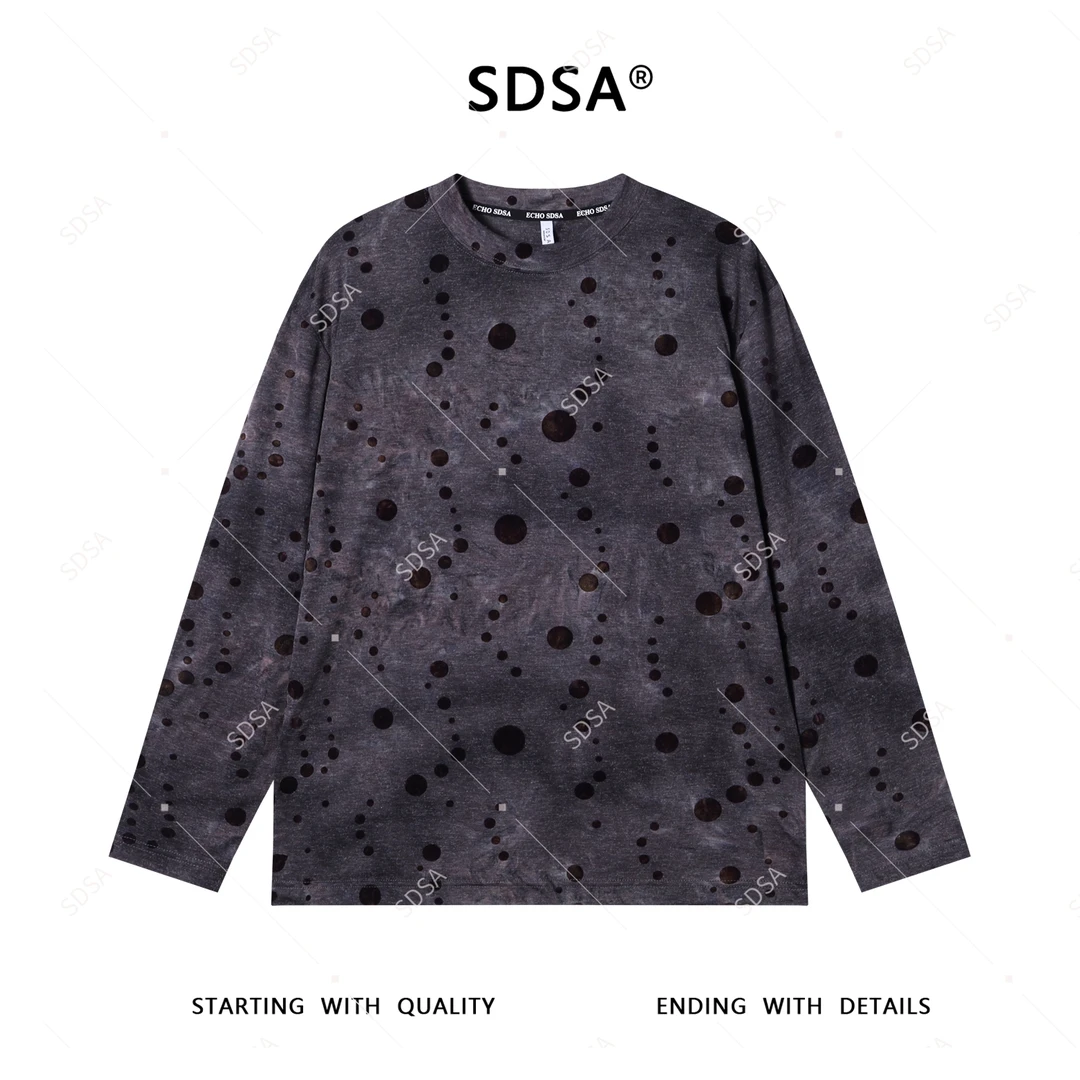 SDSA男士2025新款轻奢痞帅男装扎染植绒波点圆领长袖T恤百搭网红
