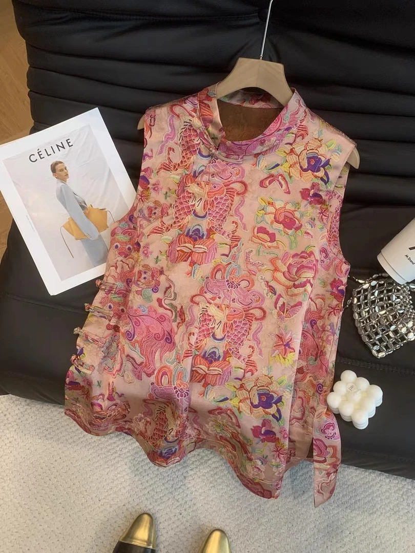 【鱼跃】新中式国风无袖连衣裙女2025夏复古盘扣显瘦减龄气质背心裙