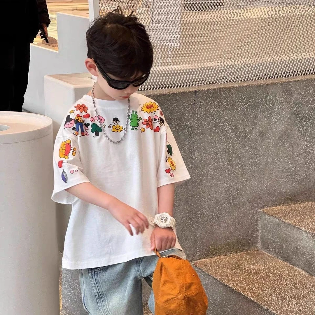 男童100%纯棉短袖夏季儿童中大童新款宽松涂鸦上衣卡通印花T恤