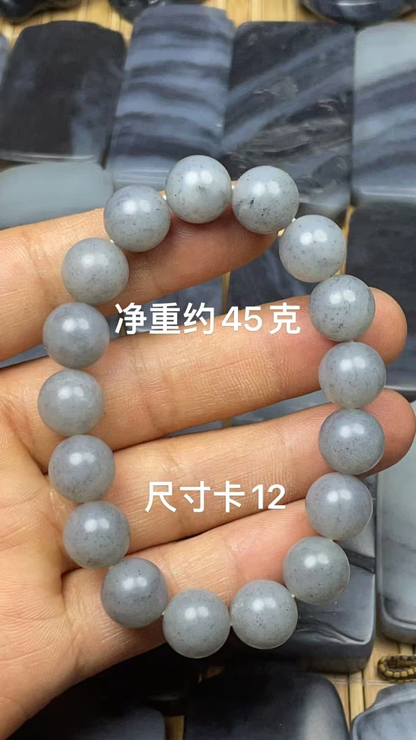 特价！天然和田玉籽 料青花点墨卡12圆珠单圈转运手链手串