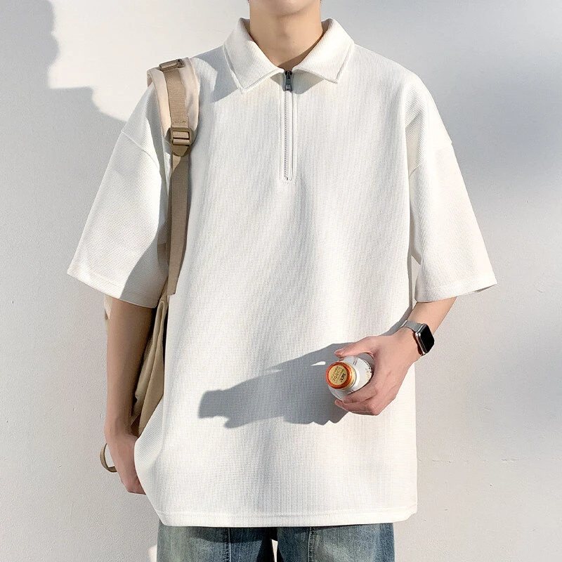 纯色男简约翻领半拉链夏季新款上衣高街宽松日常百搭休闲短袖T恤