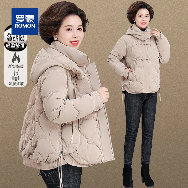 罗蒙中年妈妈装连帽棉服外套女新款洋气百搭休闲小个子棉衣棉袄女