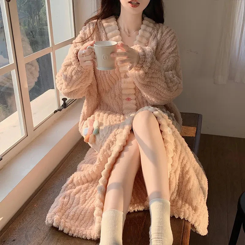 2025新款加绒睡袍女秋冬季睡袍卡通中长款V领宽松可外穿开衫家用