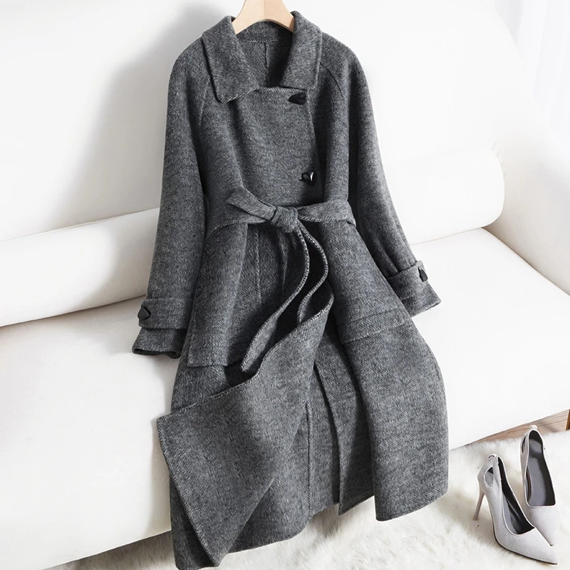 灰色双面羊毛大衣女中长款收腰显瘦娃娃领时尚羊毛呢外套冬季新款