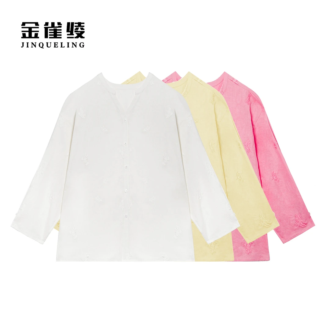 金雀绫【夏日么么茶】亚麻纯色刺绣工艺V领加宽加大衬衫SZA1S184