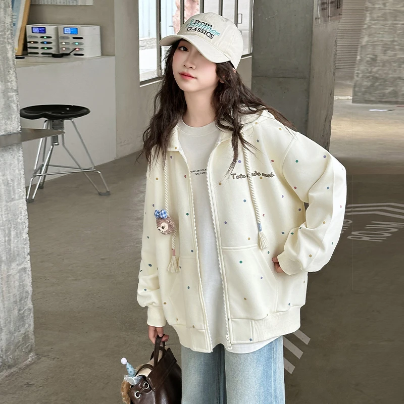 女童春季连帽外套2025春秋新款8-15岁洋气中大童宽松波点开衫卫衣