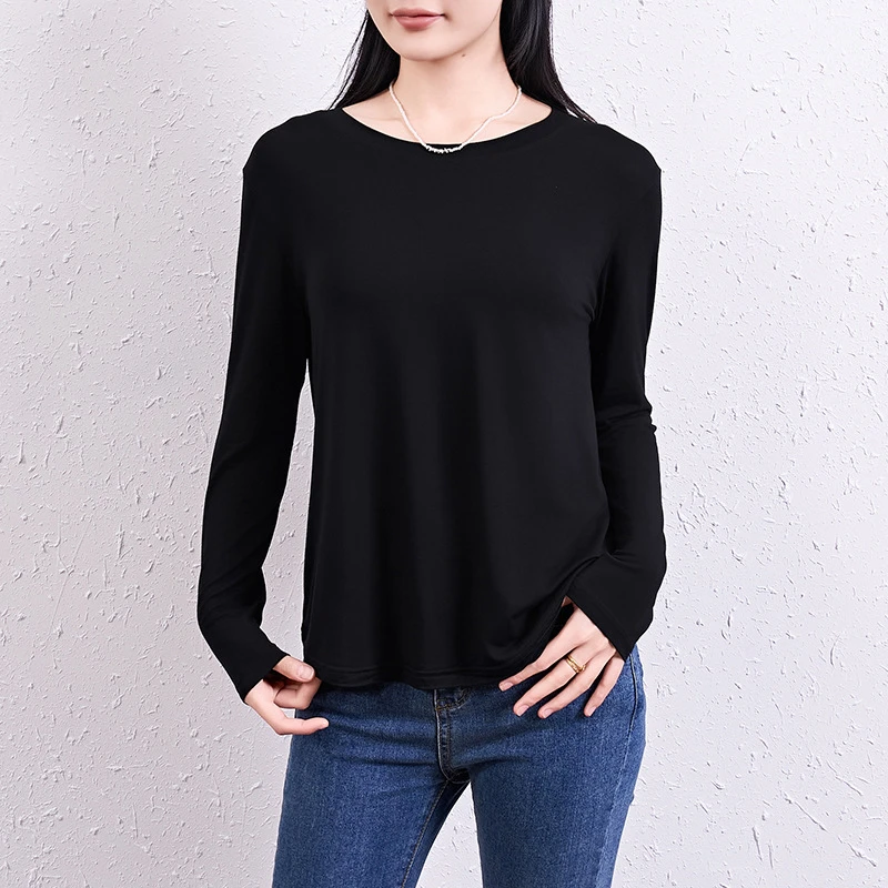 春秋莫代尔长袖打底衫女圆领休闲大码纯色上衣宽松T恤衫薄款秋衣