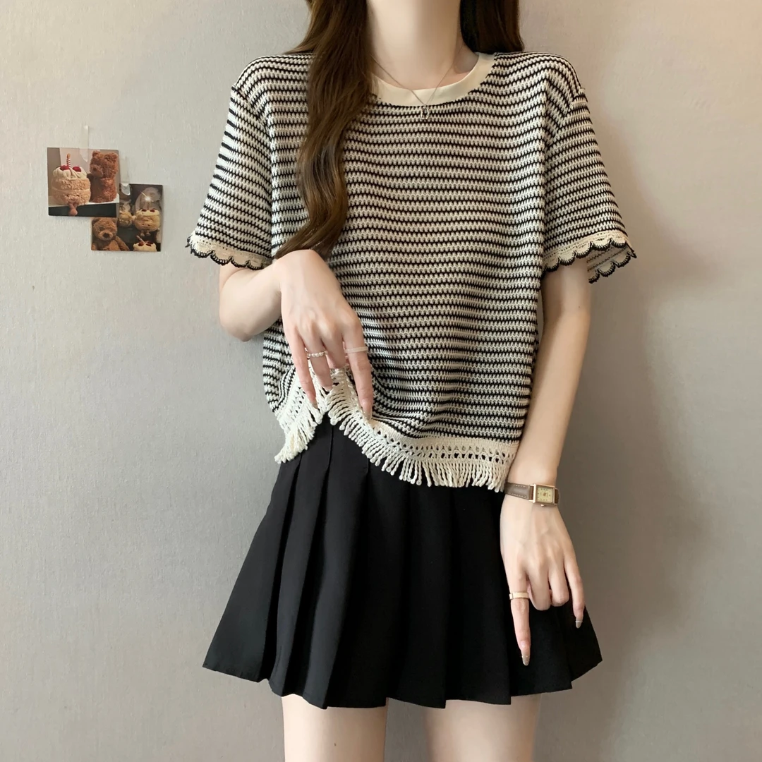 设计感条纹流苏短袖T恤女大码女装2025年夏季宽松显瘦遮肚打底衫