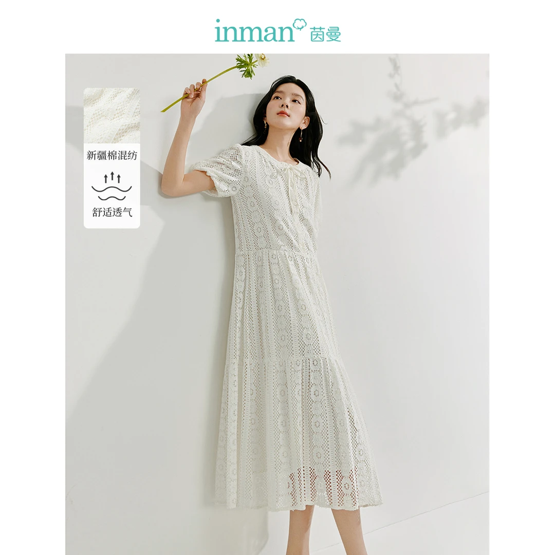 【欧若风新品】茵曼夏季法式镂空蕾丝连衣裙度假风短袖白色a字长裙