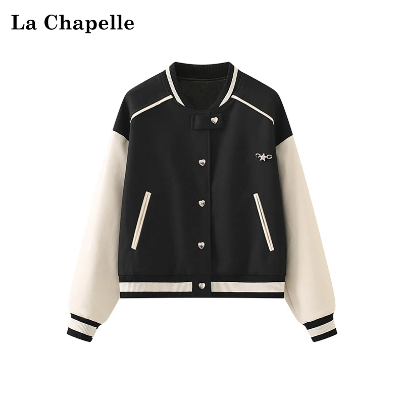 拉夏贝尔立领拼色棒球服女黑色休闲短款外套春季夹克新款高级时尚