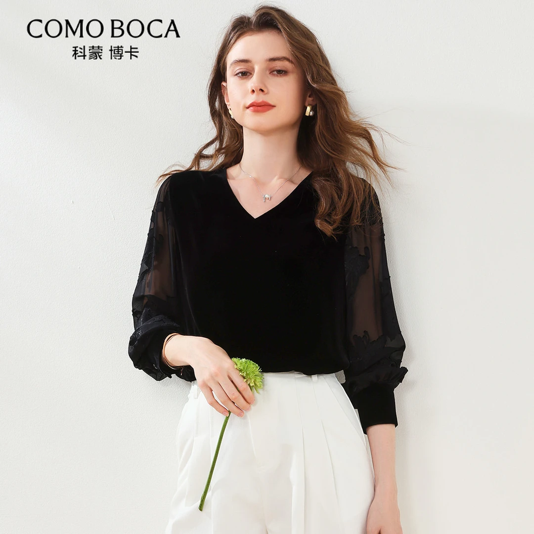 COMOBOCA/科蒙·博卡桑蚕丝领剪花衬衫春夏长袖上衣女KXSK0S6171