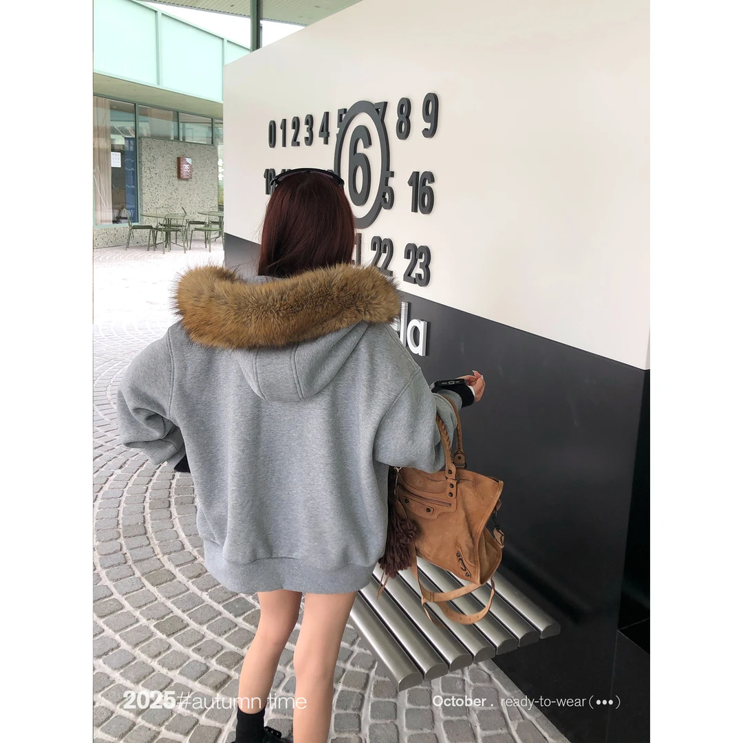 SUNONEONE 薄绒大毛领美式连帽卫衣外套女秋冬宽松长袖开衫H1481C