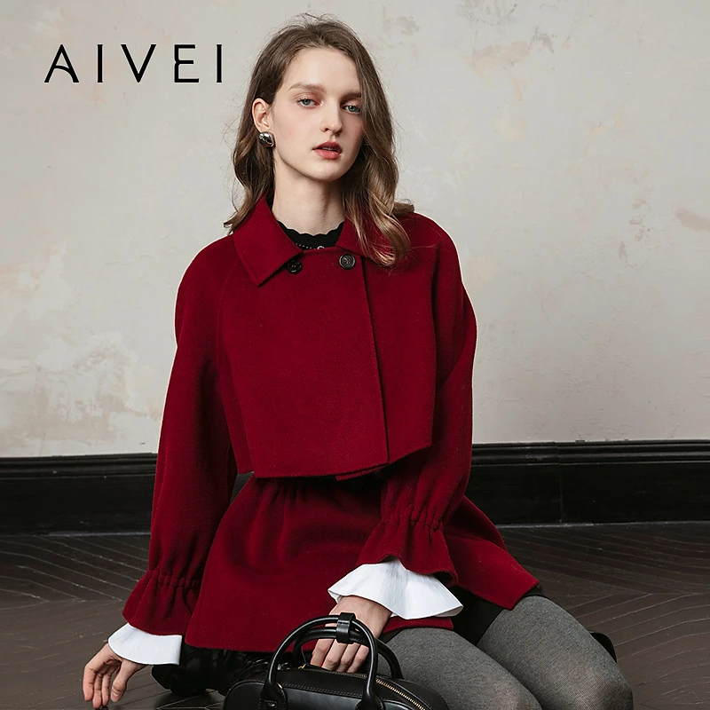 AIVEI欣贺艾薇冬季小个子英伦风安哥拉红双面呢外套R763205A