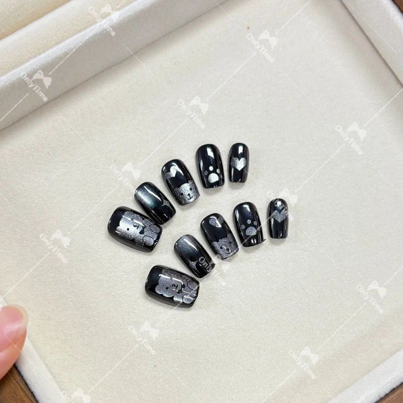 【黑色小浣熊】黑色小熊短款穿戴甲日常简约设计款美甲